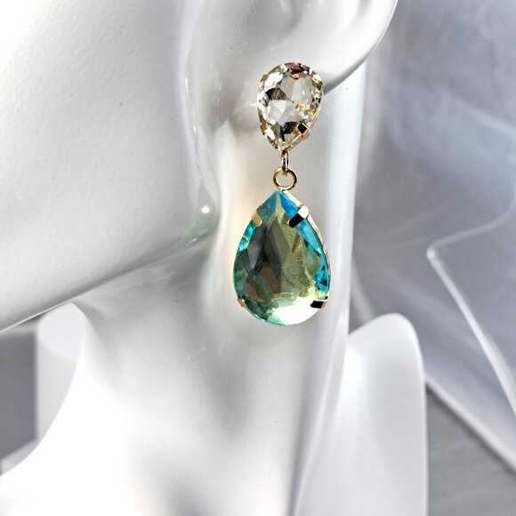 Clear and Light Blue Rhinestone Dangle Earrings - Picture 2 of 2